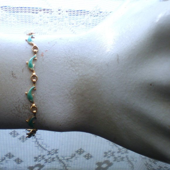 Vintage Solid 14K Yellow Gold Turquoise Blue Enamel Dolphin Tennis BRACELET - Picture 5 of 6